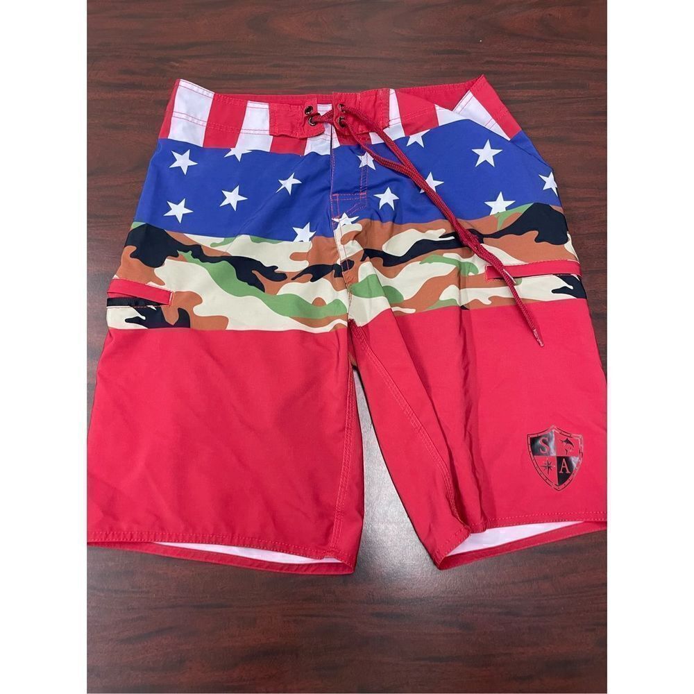 SA Company Mens Camo and American Flag Swim Trunks Size 34